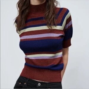 Zara Metallic Stripe‎ Print Short Sleeve Mock Neck Lightweight Knit Sweater